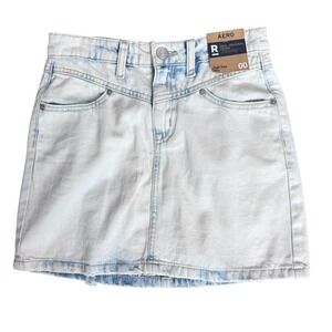 AEROPOSTALE NWT Womens 00 Light Blue Jean Acid Washed High Rise Mini Denim Skirt